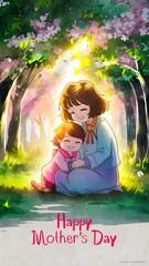 mother and child sitting under a blossoming cherry blossom tree in a serene park, the mother tenderly holding the child's hand, both smiling, soft sunlight filtering through the trees, conveying warmt