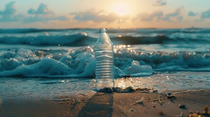 Plastic bottle on the beach with sea waves, environmental preservation concept. - obrazy, fototapety, plakaty