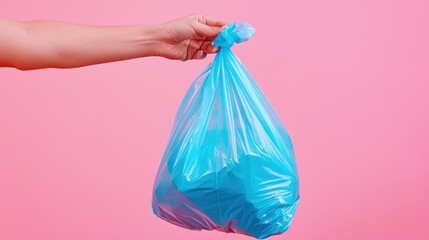 Hand holding a blue plastic garbage bag, concept of recycling, environment preservation.