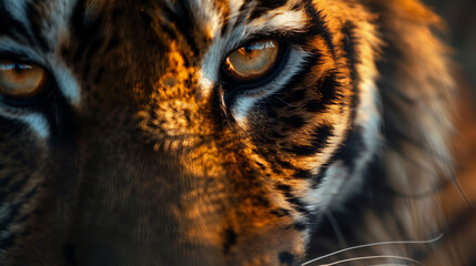 A tiger's face is shown with its eyes open and its mouth closed. AI. - obrazy, fototapety, plakaty