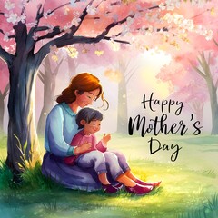mother and child sitting under a blossoming cherry blossom tree in a serene park, the mother tenderly holding the child's hand, both smiling, soft sunlight filtering through the trees, conveying warmt