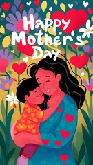 mother and child embracing with a background of blooming flowers and hearts