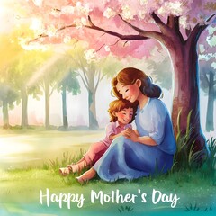 mother and child sitting under a blossoming cherry blossom tree in a serene park, the mother tenderly holding the child's hand, both smiling, soft sunlight filtering through the trees, conveying warmt