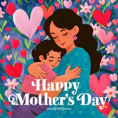 mother and child embracing with a background of blooming flowers and hearts