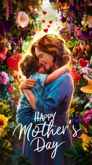  A loving mother and her child are embracing, with a warm and bright atmosphere surrounding them. Their faces express the deepest affection