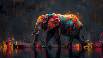 In a world alive with color, an elephant strides confidently, its form a masterpiece of nature's exuberance and vitality-1