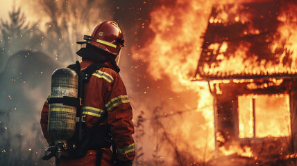 Fireman holding a hose spread water to extinguish the fire from the house.