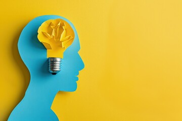 Paper cut head with light bulb, concept of creative thinking, idea. - obrazy, fototapety, plakaty