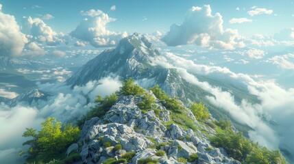 Beautiful mountain landscape with clouds and blue sky.