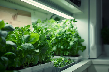 Fototapeta premium Little green plants in pot under artificial light growing in an indoor environment.