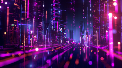 Abstract technology background with neon light lines in a modern city setting