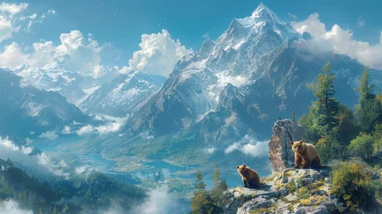 Schilderijen op glas Mountain landscape with two bears on the background of high peaks. © HA