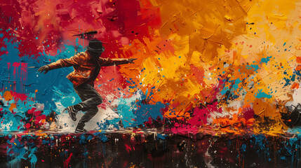Vibrant colors dance across the urban canvas as a mysterious figure adorns the wall with intricate...