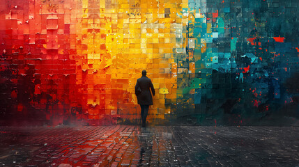 Vibrant colors dance across the urban canvas as a mysterious figure adorns the wall with intricate...