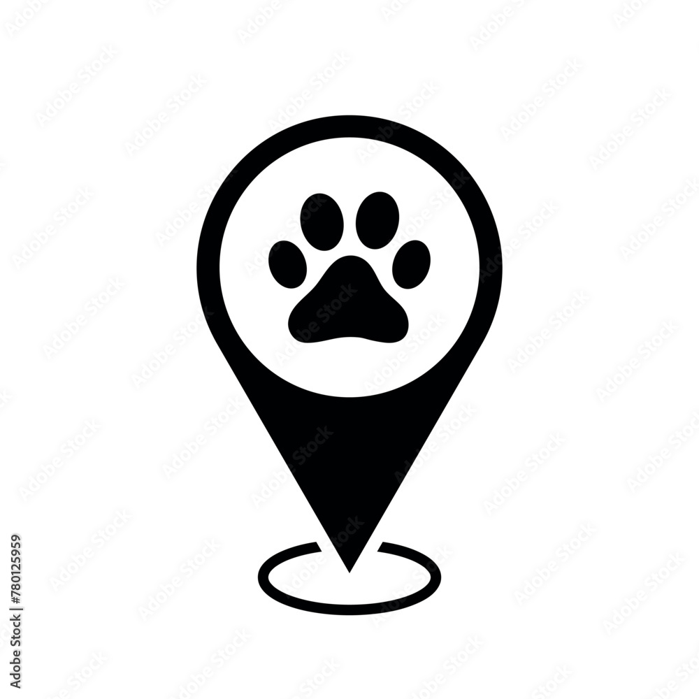 Wall mural pet store location map pointer, dog paw icon with location pin, black symbol isolated on white backg