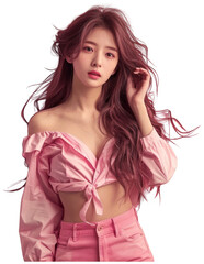 Japanese Woman in Pink Top and Pants. Transparent PNG Background