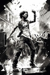 A black and white photograph capturing a man energetically performing on a stage, showcasing his passion and talent in the underground street dance scene