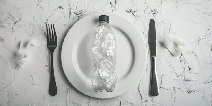 Crumpled plastic bottle on white plate with fork and knife next to it.