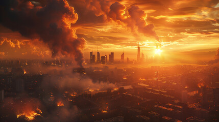 A city is on fire with smoke billowing into the sky. AI.
