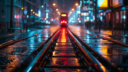 A train is on the tracks in the rain. AI.
