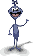 Skinny Alien Character Waves and Smiles