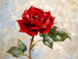 Single red rose abstract oil painting on a beige and light blue canvas background with brush strokes