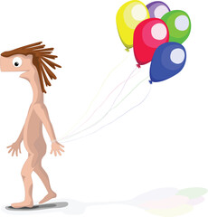 Naked Man Walks Left with Group of Colorful Balloons - 780126599