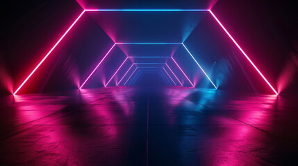 Exploring the futuristic neon corridor with vibrant glowing lights and abstract geometric structure in a digital rendering perspective for virtual reality and sci-fi science fiction atmosphere