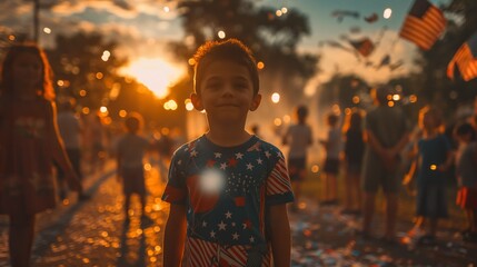 Summer celebration with American flag, community in park on 4th of July, patriotic holiday concept, festive atmosphere, unity background