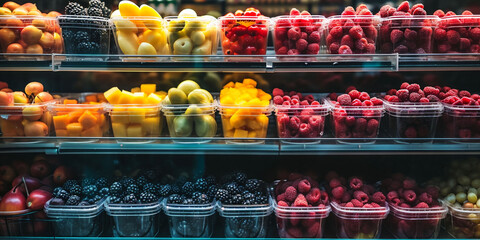 Shelves of assorted, vivid fruits and berries in a market, a visual celebration of fresh produce.