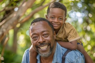 African American father carrying his son on his back, Father's Day concept. - obrazy, fototapety, plakaty