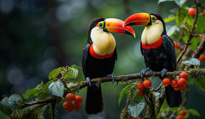 Colorful Toucans Perched on Branch in Lush Jungle - 780127313