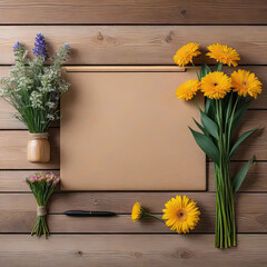 Photo flowers paper wooden table background top