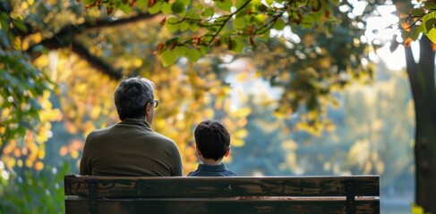 Father and son sitting on a park bench, Father's Day concept. - obrazy, fototapety, plakaty
