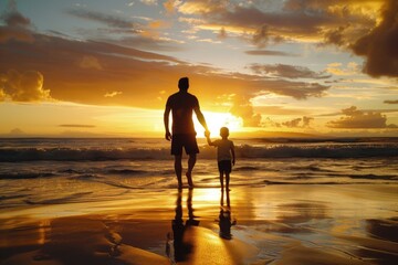 Father and son walking on the beach, sunset in the background, Father's Day concept.