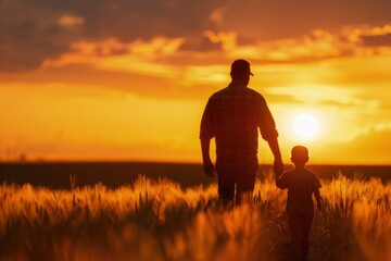 Father and son walking in a field, sunset in the background, Father's Day concept.