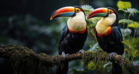 Colorful Toucans Perched on a Mossy Branch in the Jungle - 780127789