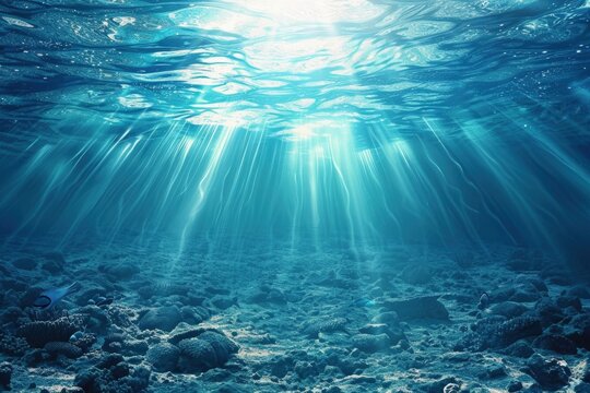 Bottom of the sea with sun reflection shining through the water.