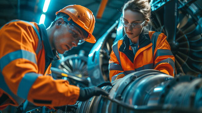 Two aircraft technicians in a hangar are meticulously inspecting and performing maintenance on the engine and airframe of a commercial jet, equipped with various tools.