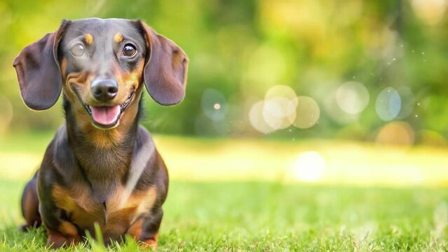 dachshund dog with short legs and sitting on the grass with a happy expression