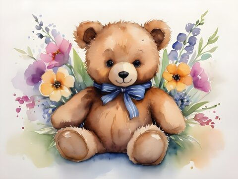watercolor painting of a teddy bear with flowers 