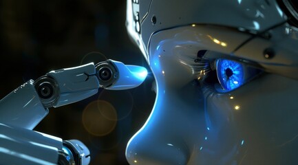 AI robot pointing its hand to its eye, concept of artificial intelligence, technological advancement.
