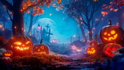 Jack-o-lantern Halloween background with the moon. - obrazy, fototapety, plakaty