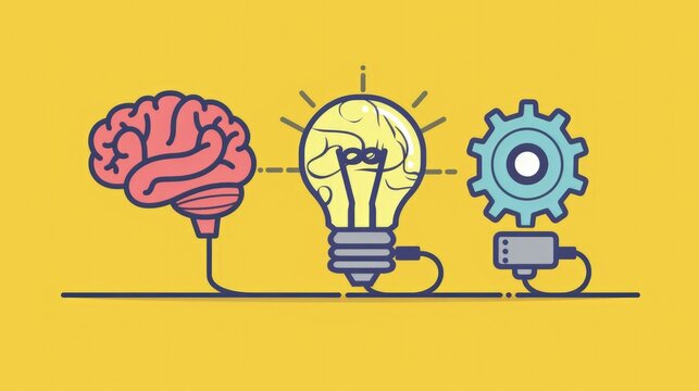 Illustration of a brain, a light bulb and a gear, concept of creativity and idea, yellow background.
