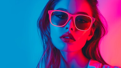A fashion woman in sunglasses with pink and blue neon light.