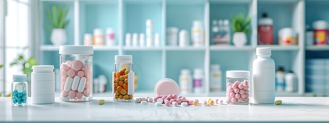 A photo of colorful pills on a table - obrazy, fototapety, plakaty