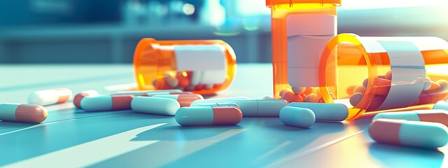 A photo of colorful pills on a table - obrazy, fototapety, plakaty