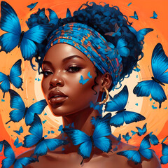 illustration of a black woman with blue butterflies around her. digital painting. art for decoration, prints,, backgrounds