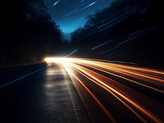 Nighttime traffic on a rural road captured in an abstract long exposure photo - obrazy, fototapety, plakaty