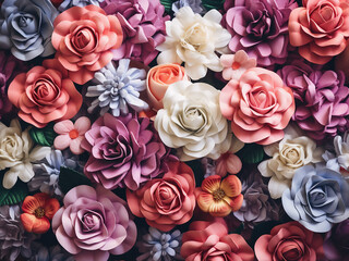 Vibrant background adorned with a variety of handcrafted fabric flowers up close